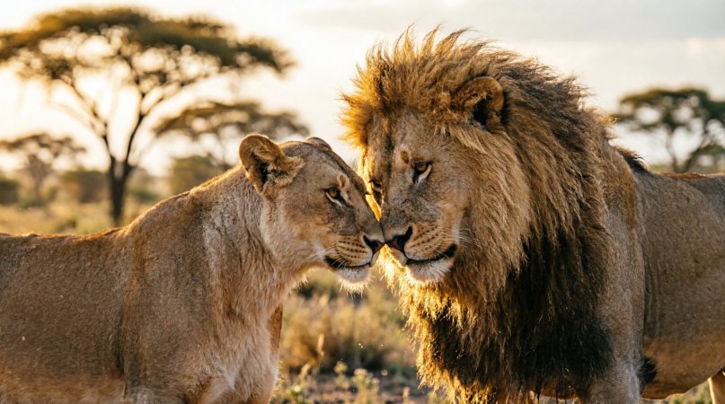 Un león y una leona se saludan nariz con nariz en la sabana