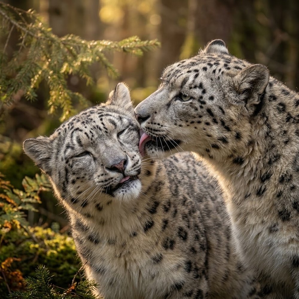 Un leopardo de las nieves lame la cara de otro que cierra los ojos