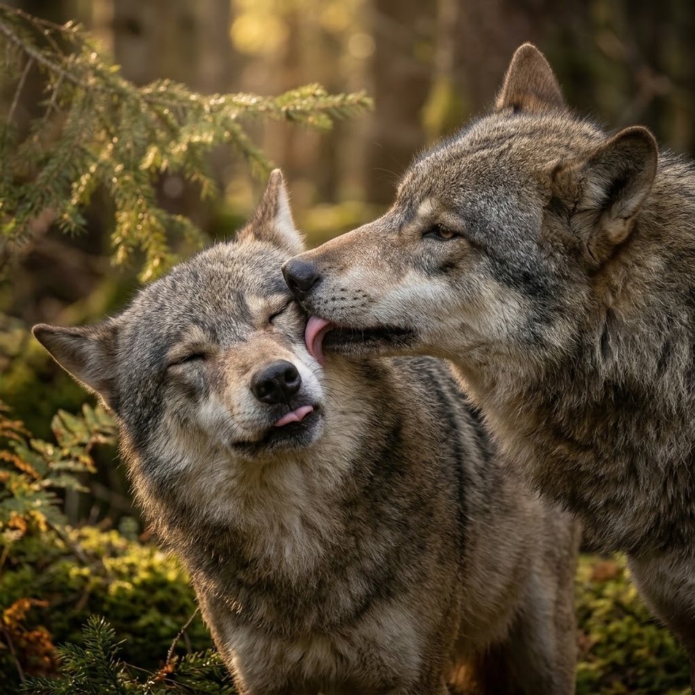 Un lobo lame con cariño la cara de otro en el bosque