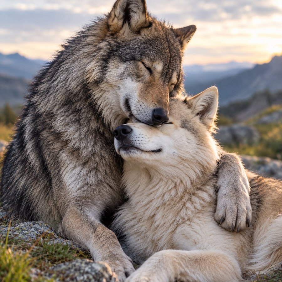 Dos lobos abrazados en la montaña
