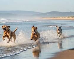 Tres perros corriendo y saltando juntos hacia el mar en una playa