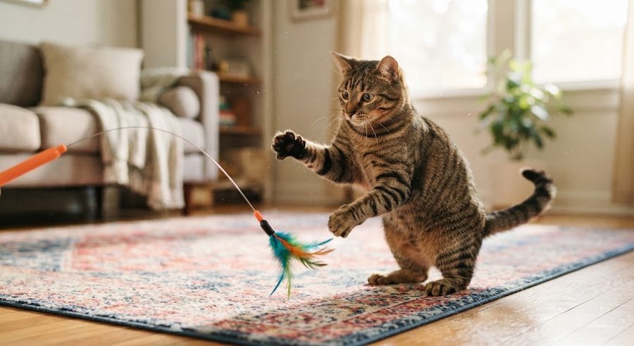 Un gato atigrado jugando con una caña de plumas casera sobre una alfombra