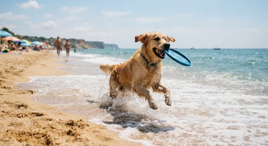 Golden retriever saliendo del mar con un disco volador en la boca, en una playa con sombrillas al fondo