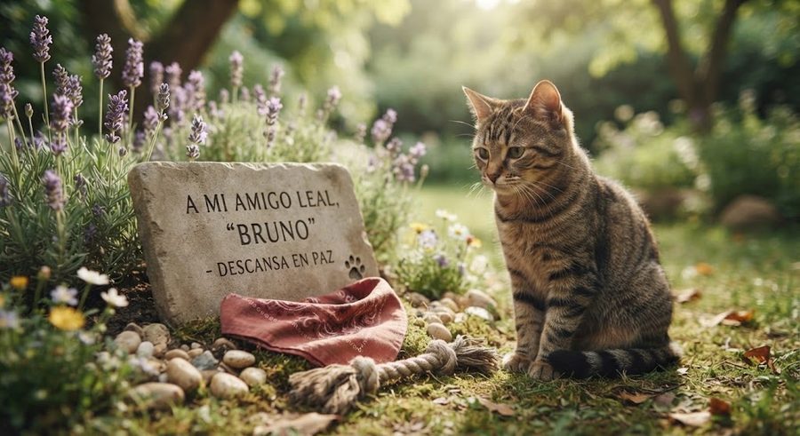 Lápida conmemorativa en un jardín con lavanda, junto a un gato sentado, con la inscripción 'A mi amigo leal, descansa en paz'