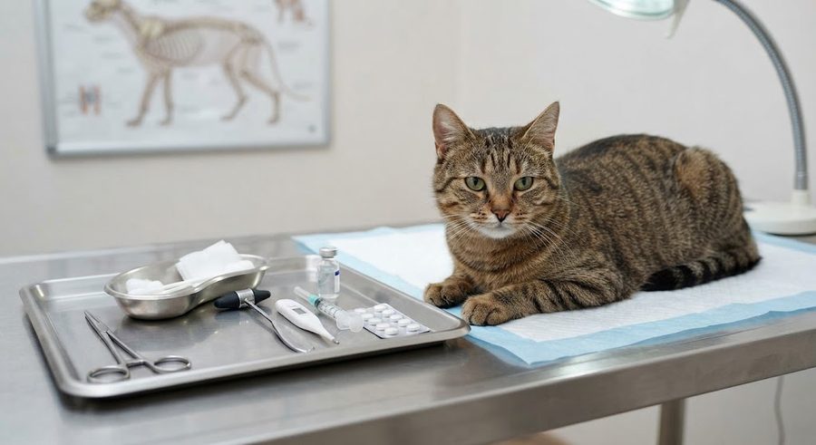Gato sobre la mesa de consulta junto a una bandeja con jeringuilla, pastillas y material veterinario