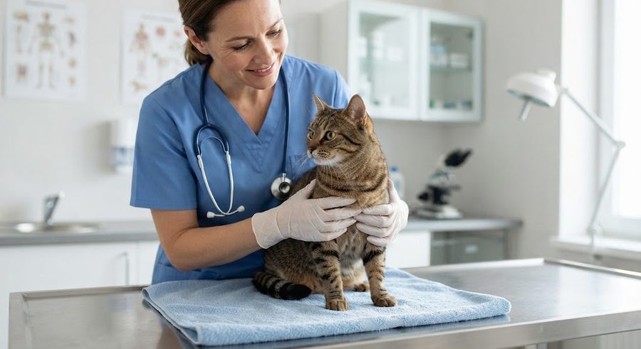 Veterinaria sujetando con cuidado a un gato atigrado sobre la mesa de consulta
