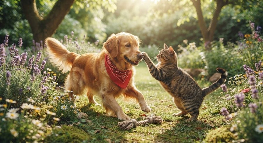 Un golden retriever con pañuelo rojo jugando con un gato en un jardín con lavanda