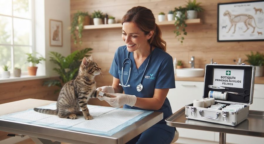 Veterinaria atendiendo a un gato junto a un botiquín de primeros auxilios felinos