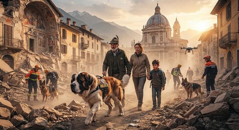 Perros de rescate acompañando a una familia tras un terremoto