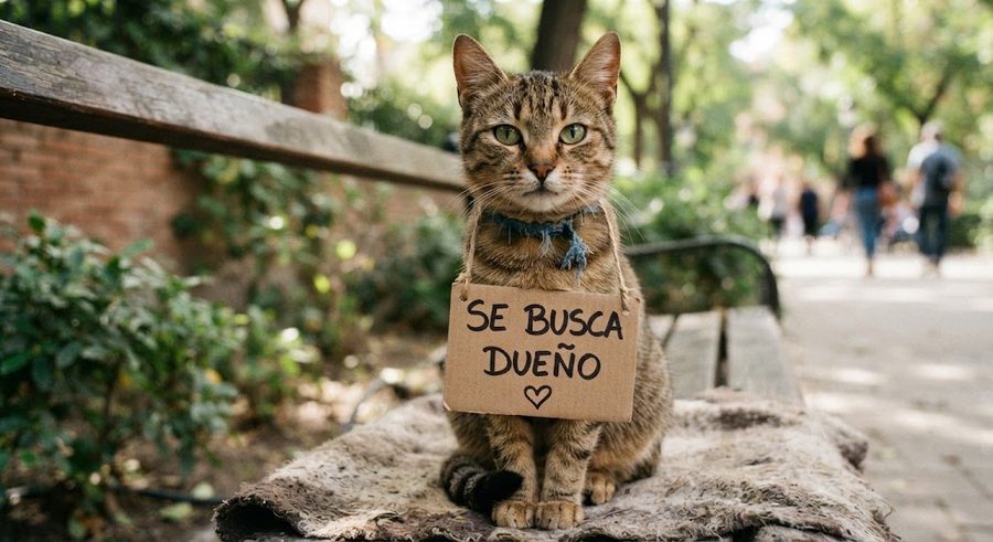 Gato sentado en un banco con un cartel de cartón colgado que dice 'Se busca dueño'