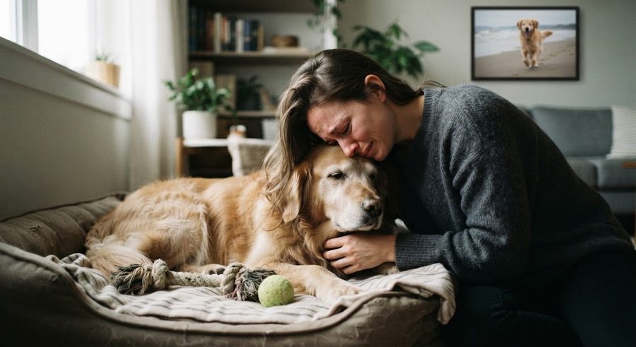 Mujer abrazando y llorando junto a su golden retriever mayor, tumbado en su cama