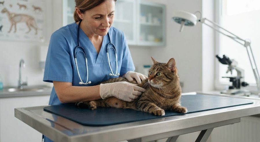 Veterinaria revisando a un gato atigrado durante una consulta