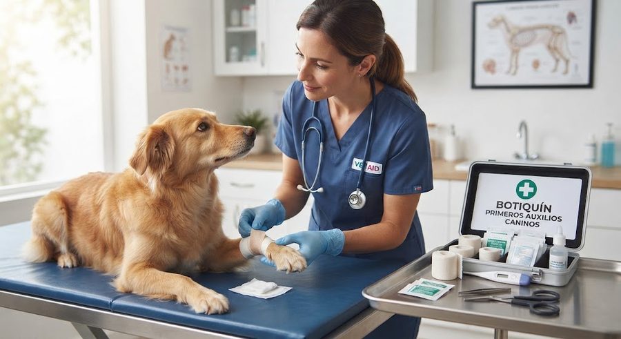 Veterinaria vendando la pata de un Golden Retriever junto a un botiquín de primeros auxilios caninos