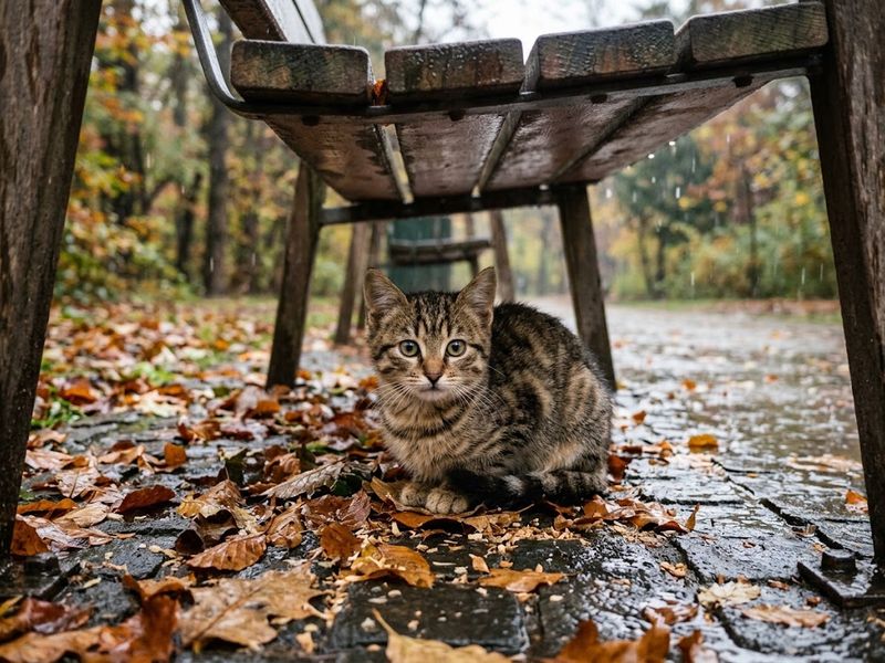 Gatito atigrado resguardándose de la lluvia debajo de un banco del parque, entre hojas de otoño