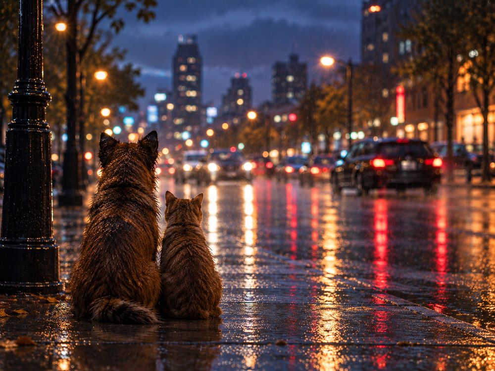 Un perro y un gato empapados, sentados de espaldas en una acera mojada, mirando una avenida con coches bajo la lluvia de noche