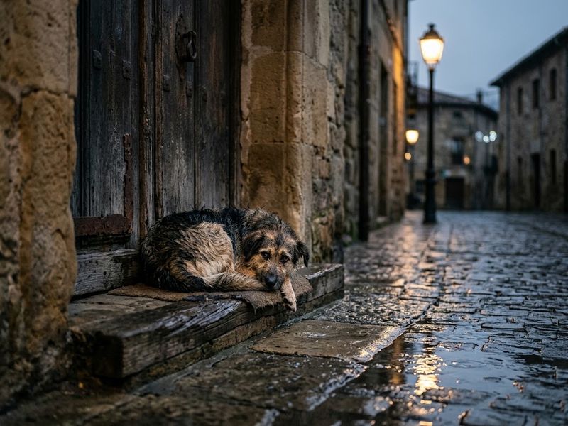 Perro mestizo mojado, acurrucado en el escalón de un portal de piedra en una calle empedrada, de noche y lloviendo