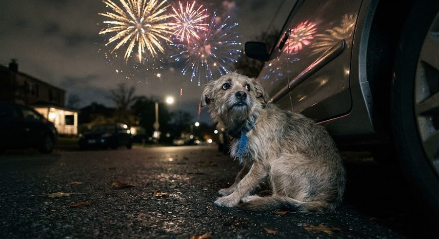 Perro asustado agazapado junto a un coche por la noche, con fuegos artificiales de fondo