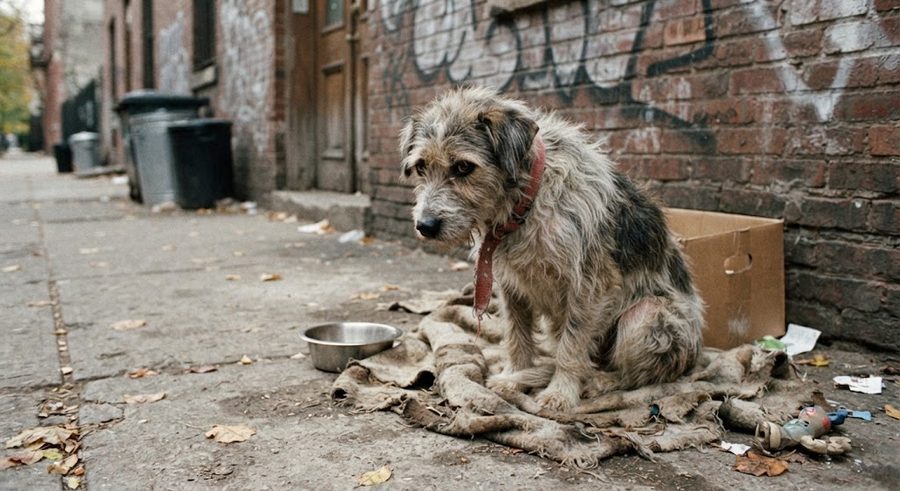 Perro sin hogar sentado sobre una manta en un callejón, junto a un cuenco y una caja de cartón