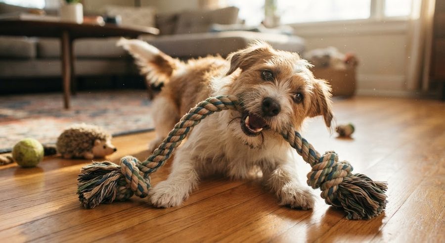 Un perro tipo terrier jugando con una cuerda anudada en el salón de casa