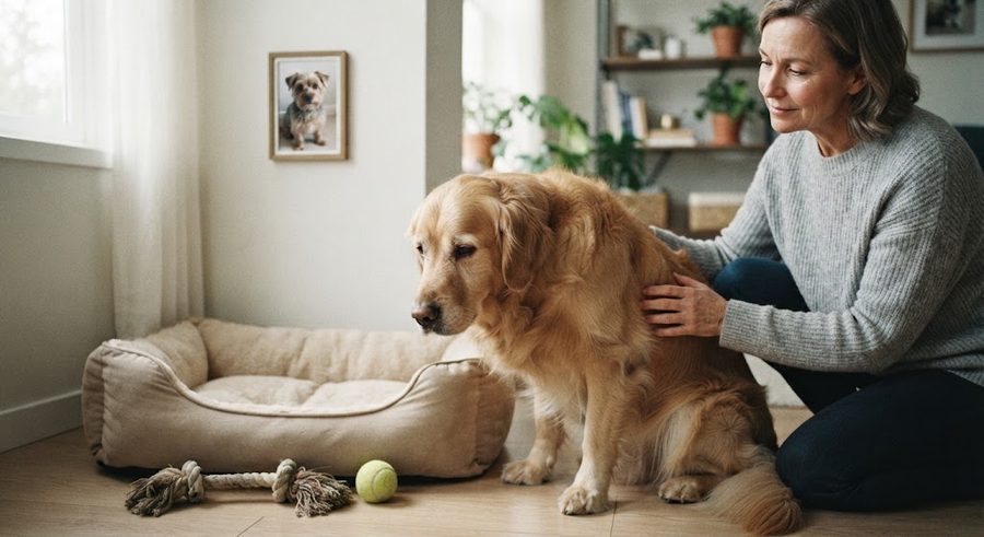 Mujer acariciando con cariño a su golden retriever mayor, junto a su cama vacía