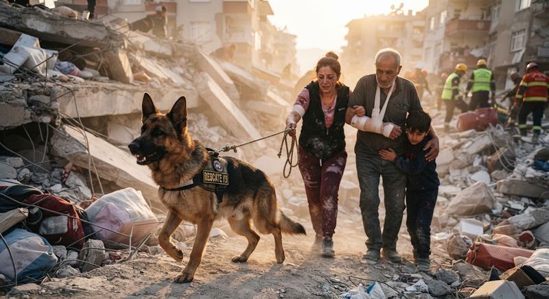 Perro de rescate K9 ayudando a una familia entre los escombros de un terremoto