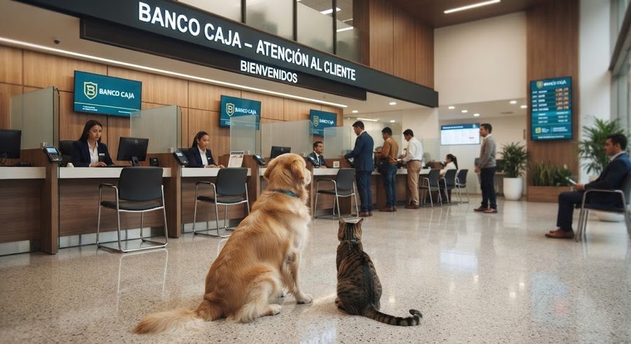 Un perro y un gato sentados esperando en una oficina bancaria