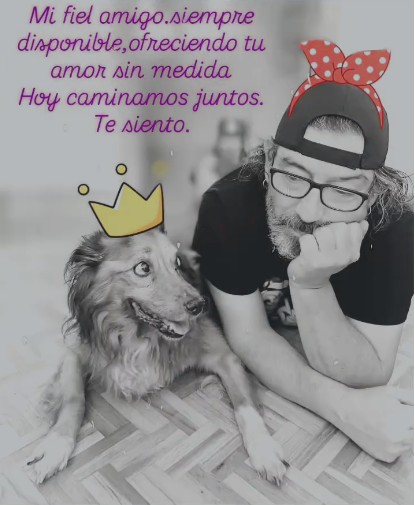 Manis, con una corona dibujada, junto a Álvaro tumbados en el suelo. Texto: Mi fiel amigo, siempre disponible, ofreciendo tu amor sin medida. Hoy caminamos juntos. Te siento.