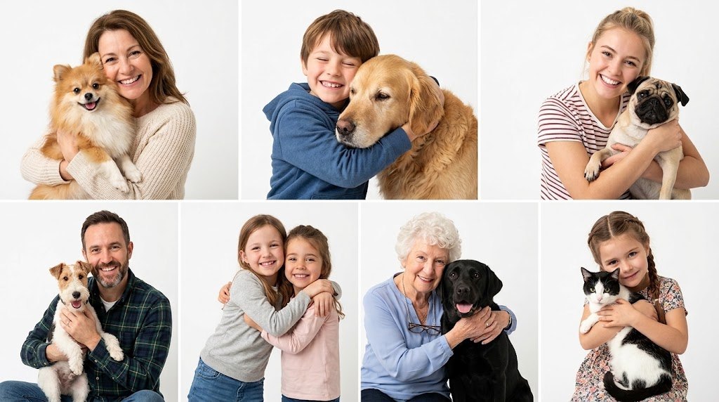 Seis retratos de personas de distintas edades abrazando a sus perros y gatos