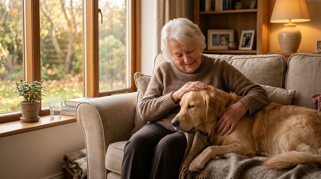 Una señora mayor acaricia a su golden retriever, que descansa en su regazo junto a la ventana