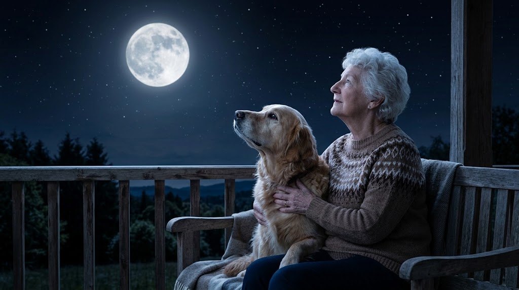 Una señora mayor y su golden retriever contemplan juntos la luna llena desde un porche